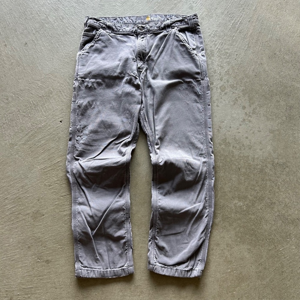 Vintage Carhartt Carpenter Pants Size 38x32 Gray Relaxed Fit Fleece Lined Worker